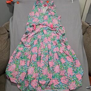 Lilly Pulitzer Pink Blue Turtle Print Tiered Maxi Dress Sleeveless Tassel Small